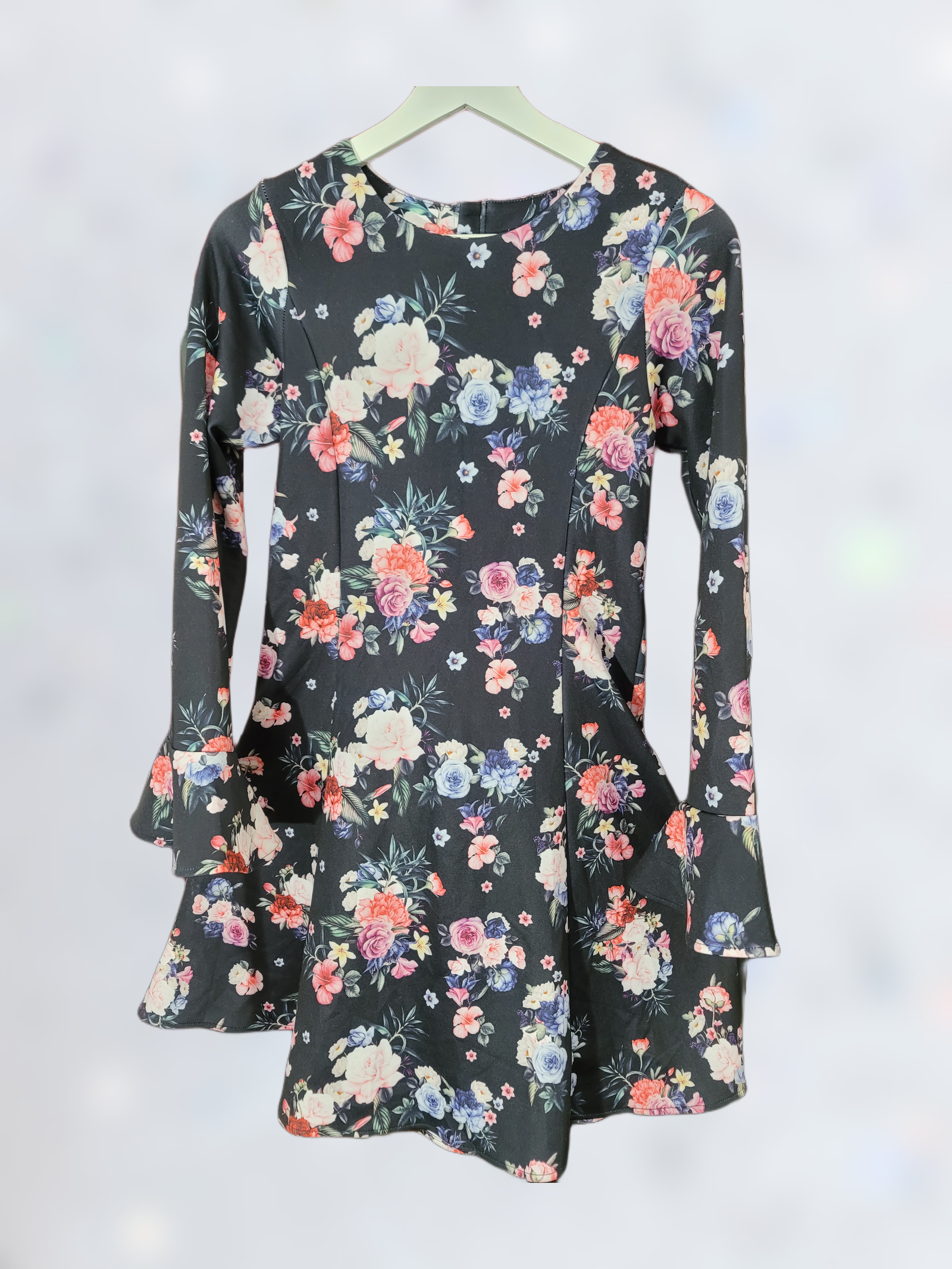 Graceful Black Frock Adorned with Printed Flowers